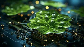 Green plants and grass on a computer board with microchips and microchips transistors and resistors. Computer electronics and technology and the harmony of modern technology and nature. AI generated photo