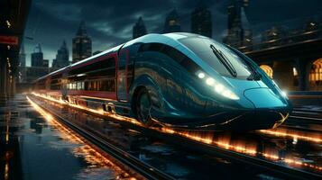 A high speed modern train rides on rails and delivers goods and people by rail. AI generated photo