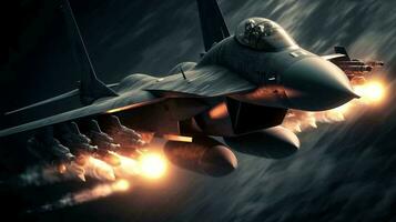 Airborne military combat aircraft fighter with weapons. Modern Aviation and Air Force. AI generated photo