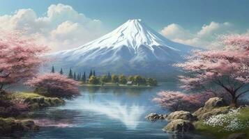 A large mountain with a snow cap at the top in japan with cherry blossoms in the background of a cystic lake landscape. AI generated photo