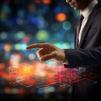 Businessman hand finger point touching an arrow indicates growth business octagons photo