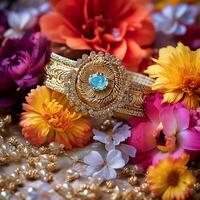 Indian culture celebrates jewelry necklaces with flowers and colorful backgrounds photo