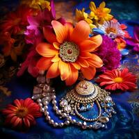 Indian culture celebrates jewelry necklaces with flowers and colorful backgrounds photo