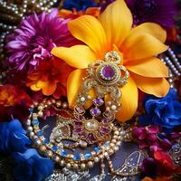 indio cultura celebra joyería collares con flores y vistoso antecedentes foto
