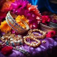 Indian culture celebrates jewelry necklaces with flowers and colorful backgrounds photo