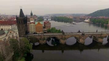 Aerial shot of ancient Charles Bridge in Prague video