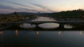 Evening Prague, aerial view to Manes Bridge video