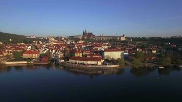 Aerial shot of Prague on Vltava river bank, Czech Republic video