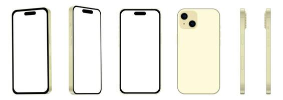 Set of 6 pieces from different angles, 15 yellow smartphone models NEW, mockup for web design on white background vector