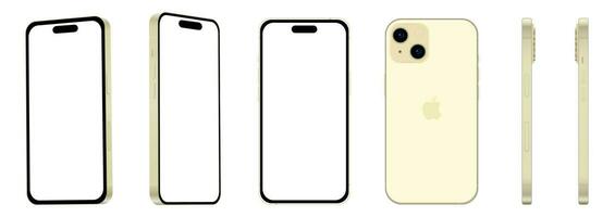 conjunto de 6 6 piezas desde diferente anglos, amarillo manzana iphone 15 teléfono inteligente, Bosquejo para web diseño en blanco antecedentes vector