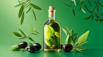 Olive oil in a bottle, green olives and olive tree branches ,Drop of oil splash. photo