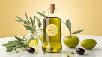 Olive oil in a bottle, green olives and olive tree branches ,Drop of oil splash. photo