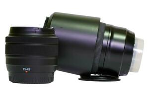 2 camera lenses placed side by side in black with different distances photo