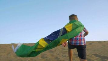 criança com brasileiro bandeira corrida em a areia video