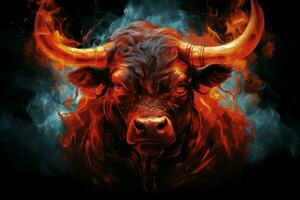 Fierce Bull red flames. Generate Ai photo