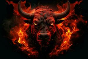 Bull red flames. Generate Ai photo