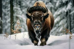 Bison snow forest. Generate Ai photo