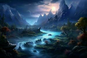 Serene Beautiful fantasy river. Generate Ai photo