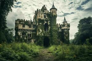 A dilapidated castle interior showcasing its grandeur from the past. Generate Ai photo