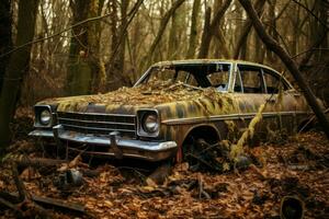 Abandoned car with aged metal blending. Generate Ai photo