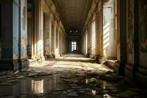 Decaying interior with a hint of light at the doorway. Generate Ai photo