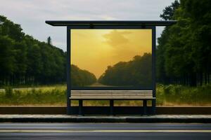 Tranquil Bus stop in forest. Generate Ai photo