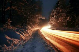 Haunting Blurry snow road middle night. Generate Ai photo