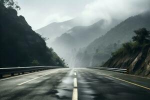 Winding Blurry mountain road asphalt. Generate AI photo