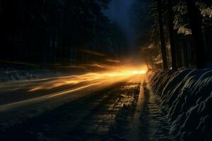 Shadowy Blurry snow road middle night. Generate Ai photo