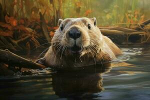 Industrious Beaver river animal wild. Generate Ai photo