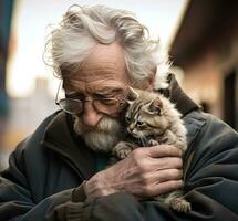 Portrait of an elderly man with a cat in his arms. photo