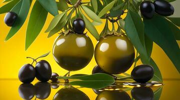 Create a visually captivating image of ripe olives and a drizzle of golden olive oil floating on a lush green background. Showcase the allure of Mediterranean cuisine and its rich flavors. photo