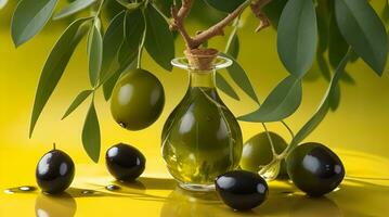 Create a visually captivating image of ripe olives and a drizzle of golden olive oil floating on a lush green background. Showcase the allure of Mediterranean cuisine and its rich flavors. photo