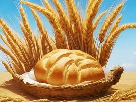 Concept of abundance and harvest, bread and ears of wheat. AI Generated photo