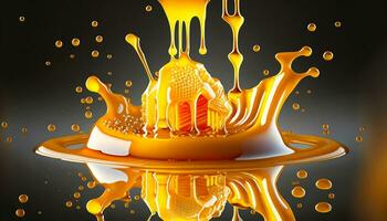 Pouring golden honey texture. Healthy and natural delicious sweets. Flow dripping yellow melted liquid. Food background. AI Generated photo