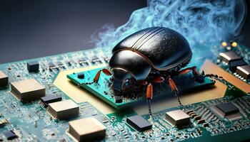 Beetle attacks and destroys electronics. Concept of computer virus and malicious software code. AI Generated photo