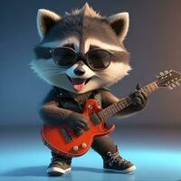 inteligente gato estrella de rock 3d dibujos animados mapache personaje con un guitarra y frio sombras foto