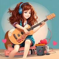 teenage girl  playing guitar 3D cartoon character photo