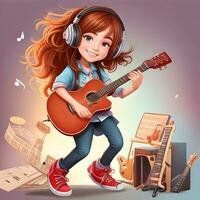 teenage girl  playing guitar 3D cartoon character photo