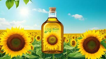 Create a promotional image for a sunflower oil brand. Use floating sunflowers and sunflower oil to symbolize the natural and nutritious qualities of the product against a green background photo
