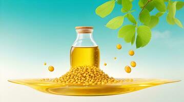 Showcase a promotional image for a soybean oil brand. Use floating soybeans and soybean oil to symbolize the natural and wholesome qualities of the product against a green background photo