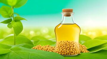 Showcase a promotional image for a soybean oil brand. Use floating soybeans and soybean oil to symbolize the natural and wholesome qualities of the product against a green background photo