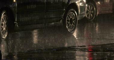 Rain puddles and falling drops against car city lights video