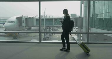 mulher com telefone e bagagem caminhando dentro Seul aeroporto, sul Coréia video