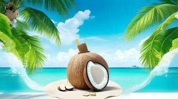 an image that captures the essence of a tropical paradise with floating coconuts photo