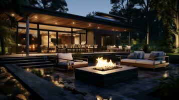 A backyard with a fire pit and a wooden patio photo