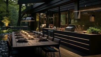 A black outdoor kitchen with plants on the deck photo