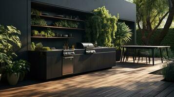 A black outdoor kitchen with plants on the deck photo