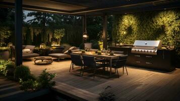 A black outdoor kitchen with plants on the deck photo