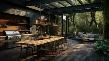 A black outdoor kitchen with plants on the deck photo